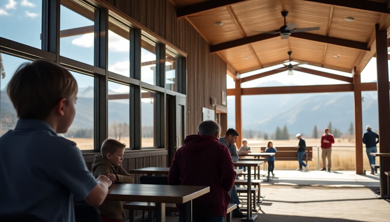 Montana charter school building with mountain views and students in outdoor learning environment