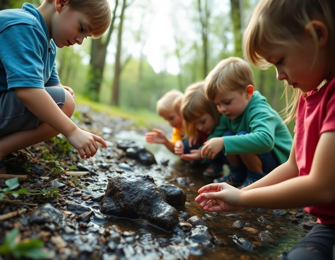 Children exploring creek bed and identifying organisms during an outdoor nature school science lesson