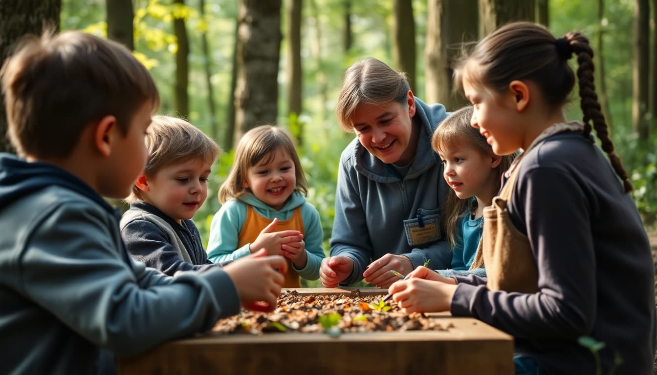 Nature school students learning outdoors in a forest school setting with their teacher
