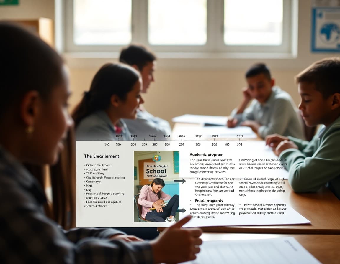 Charter school newsletter template showing enrollment timeline and academic program highlights