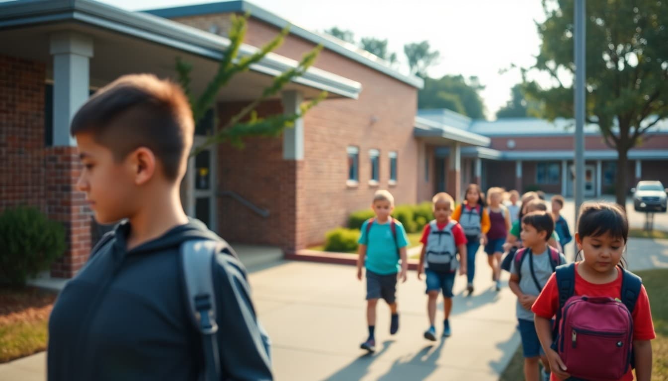North Carolina charter school campus with students outside during morning arrival time