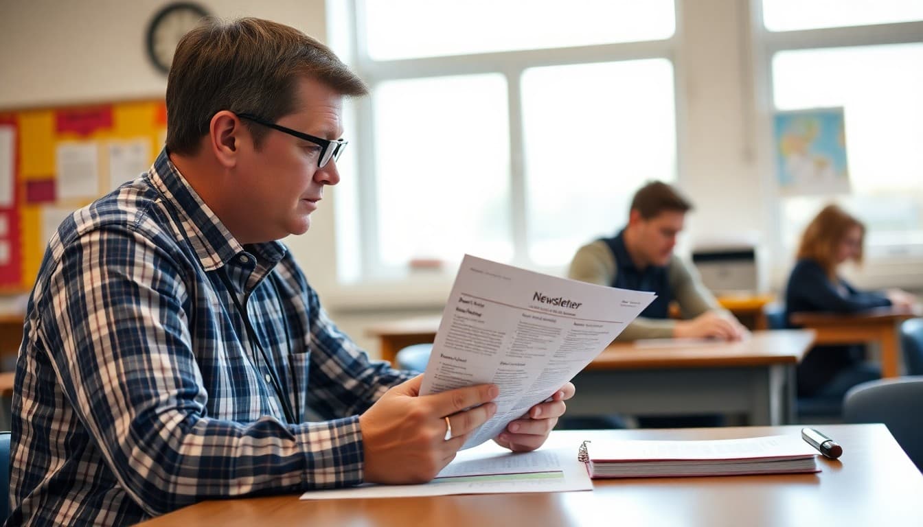 North Dakota charter school administrator reviewing a family newsletter at a school desk