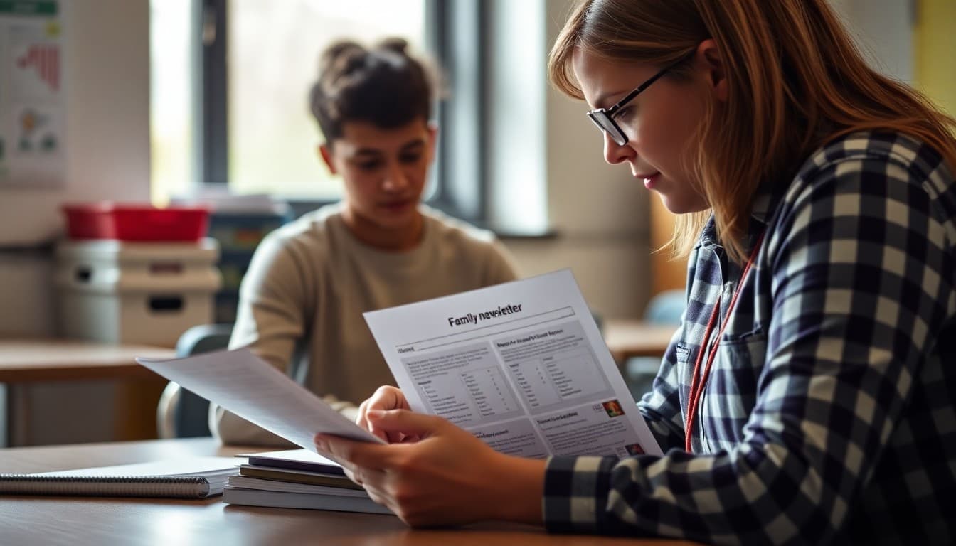 Nebraska charter school administrator reviewing a family newsletter at a school desk