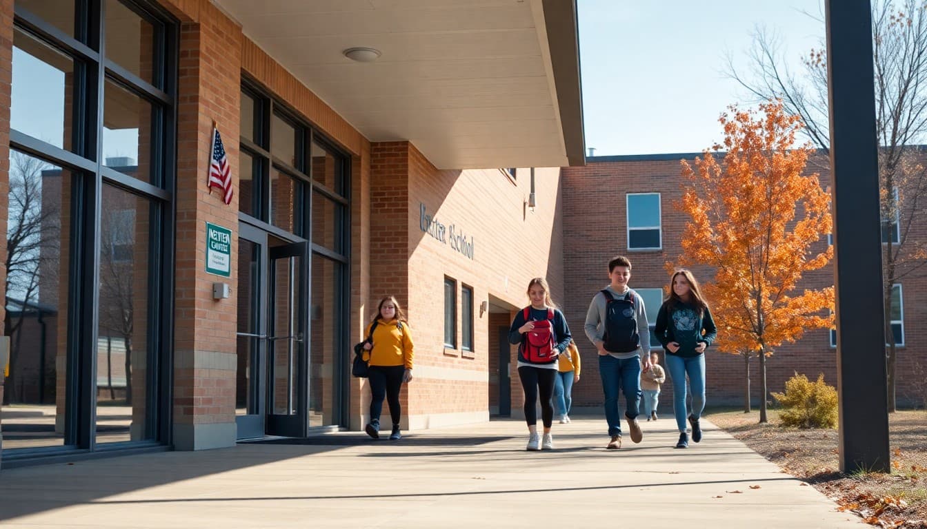 Nebraska charter school building with students walking between classes on a clear autumn day