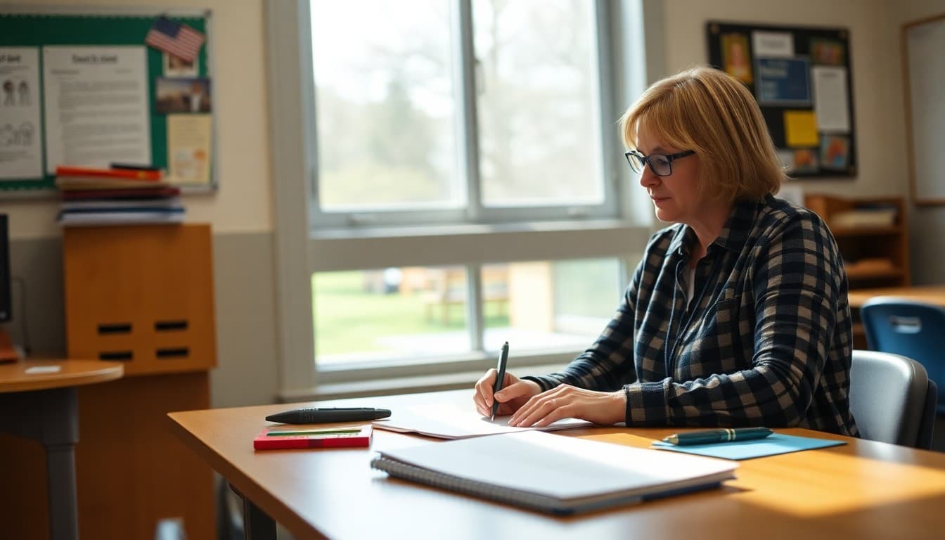 New Hampshire charter school administrator composing a family newsletter at a school desk