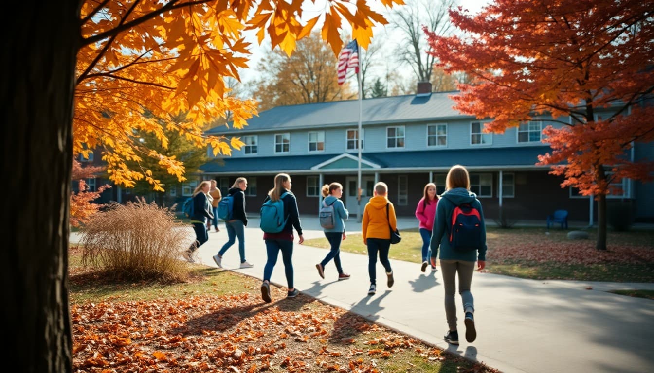 New Hampshire charter school surrounded by autumn foliage with students outside during break