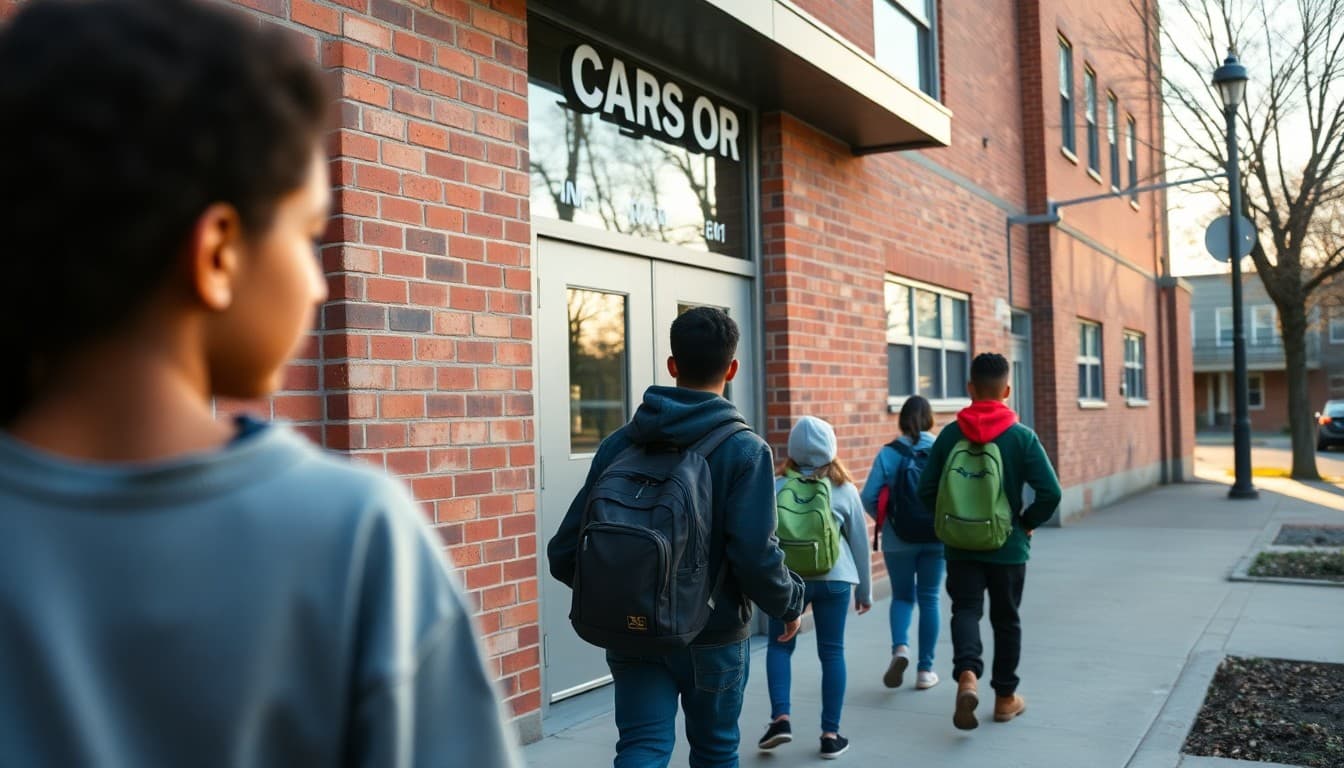 New Jersey charter school exterior in urban neighborhood with students arriving in morning light