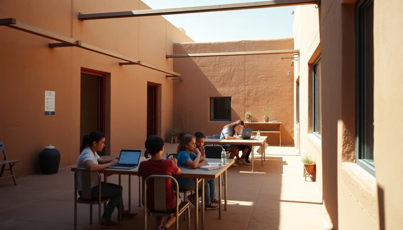 New Mexico charter school with adobe architecture and students working in outdoor courtyard