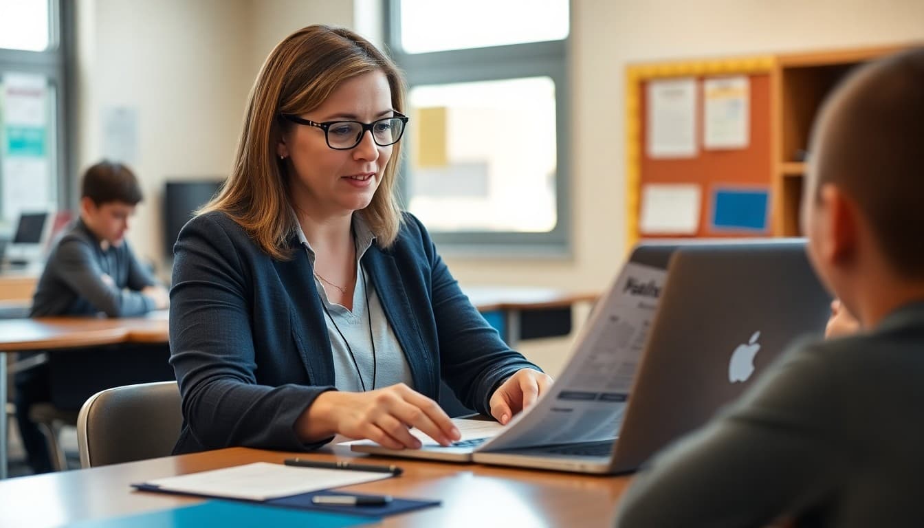 Nevada charter school administrator reviewing a family newsletter on a laptop at a school desk