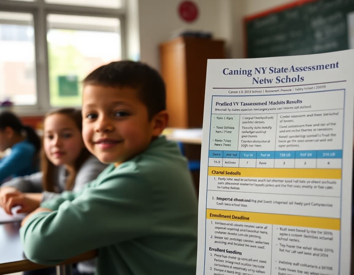 New York charter school newsletter with NY State assessment results and enrollment deadline section