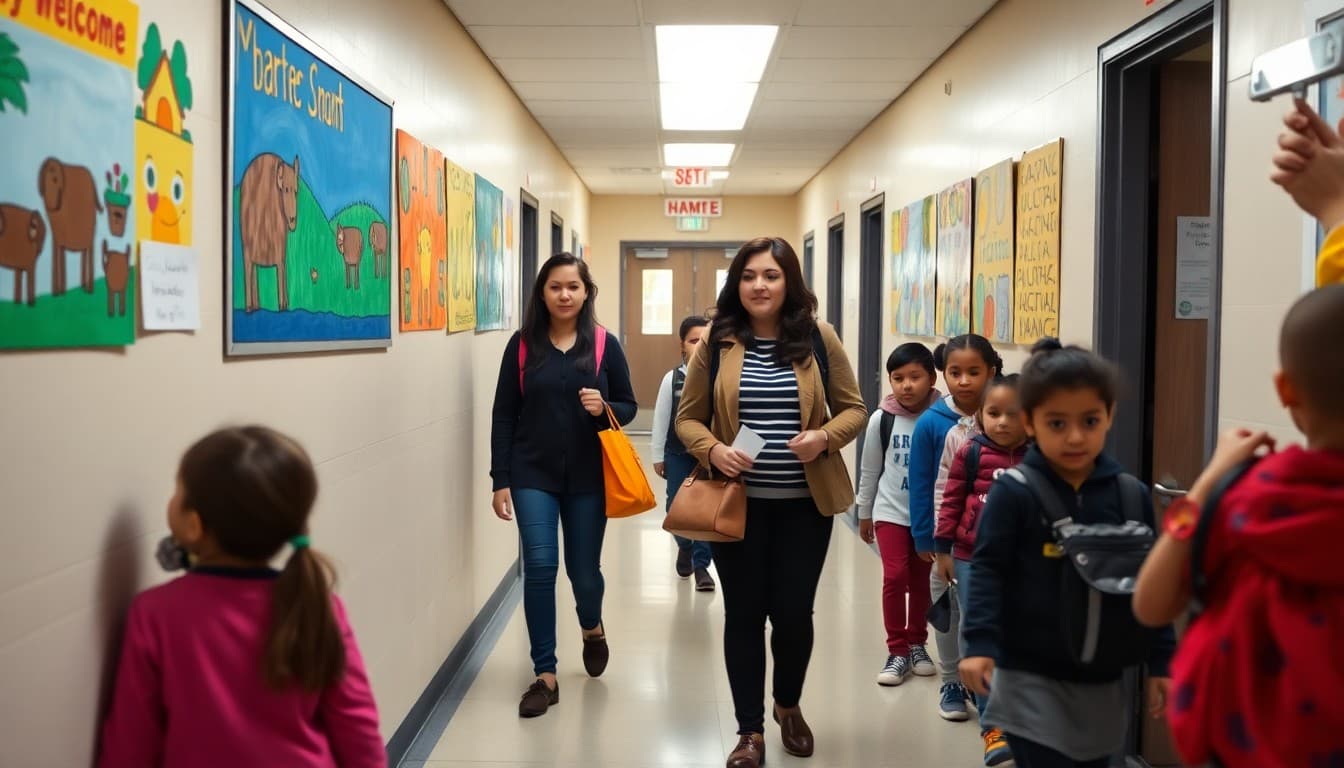 New York City charter school hallway with student artwork and staff welcoming students in the morning