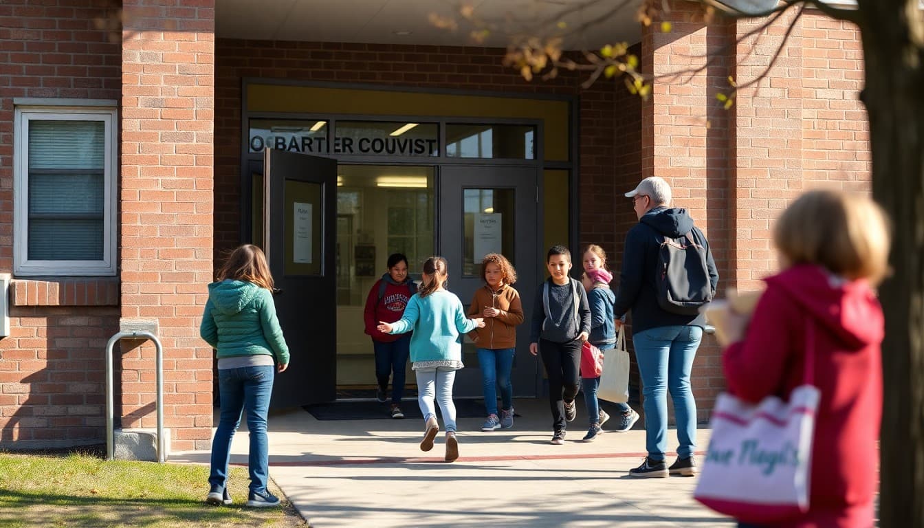 Ohio charter school exterior in Columbus neighborhood with students and parents at morning drop-off