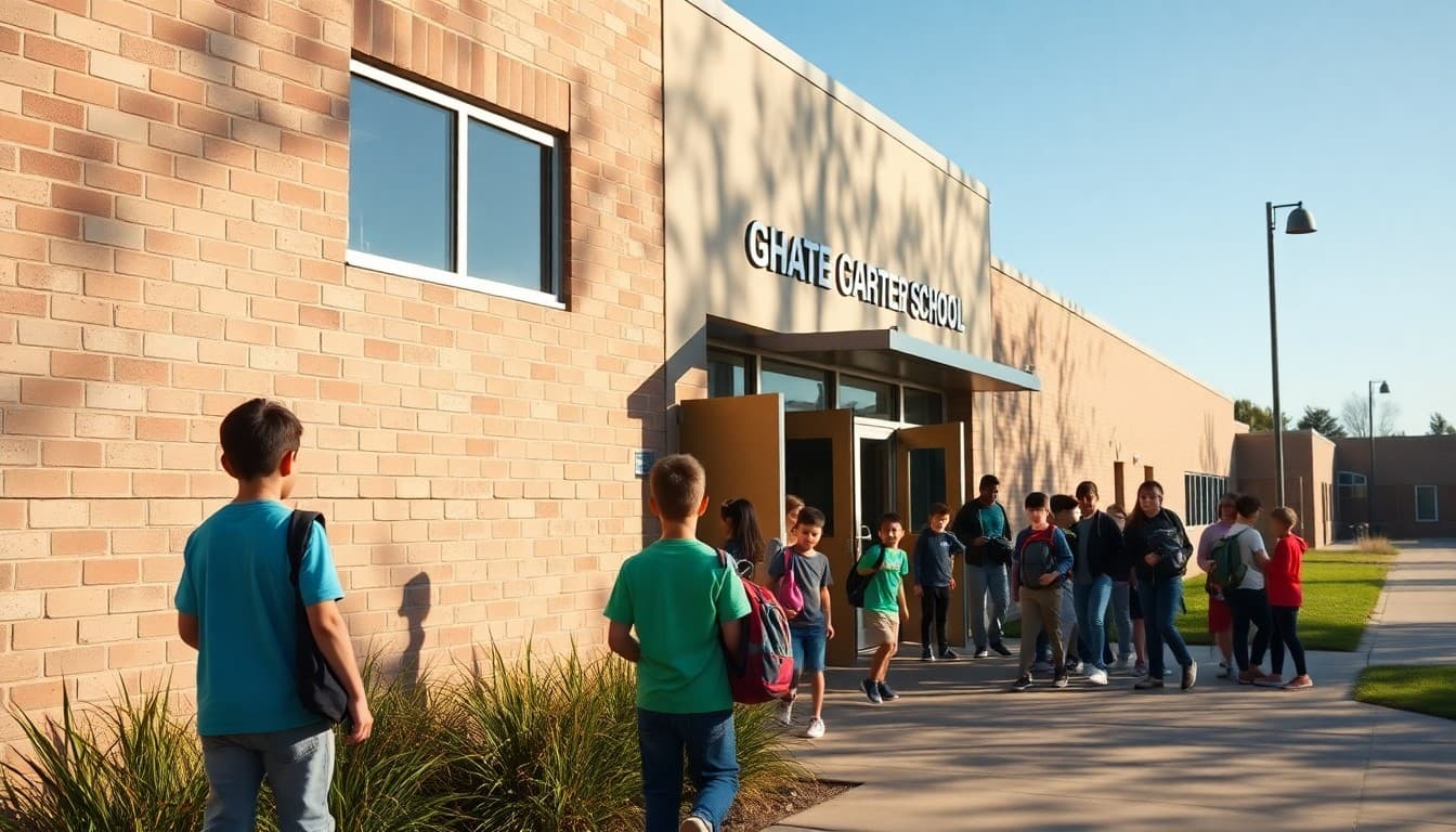 Oklahoma charter school building with students gathering outside on a sunny school day morning