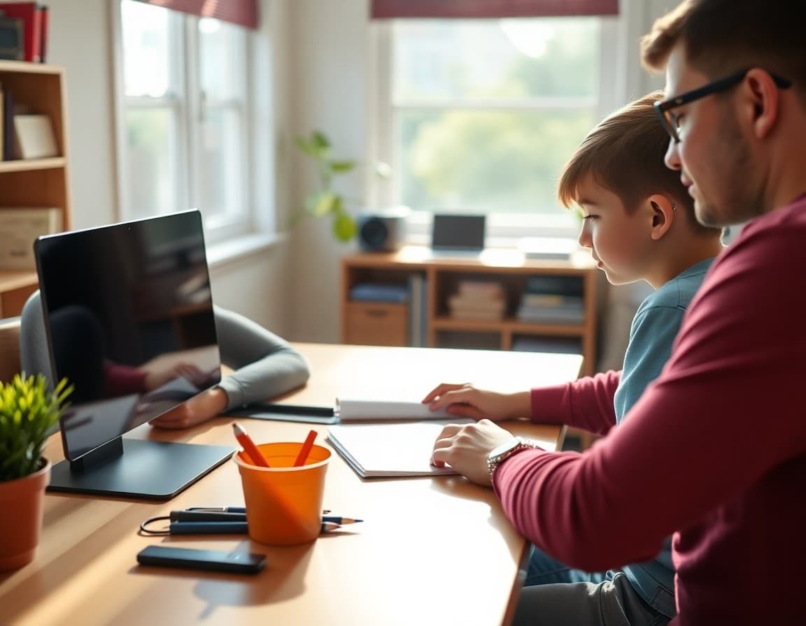 Parent and student reviewing online charter school schedule and virtual assignments at home desk