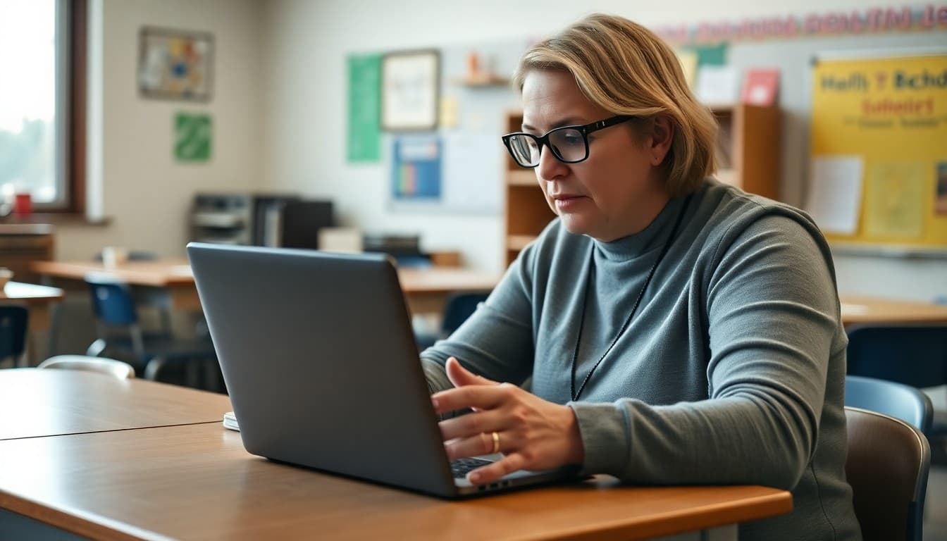 Oregon charter school administrator reviewing a family newsletter on a laptop at a school desk