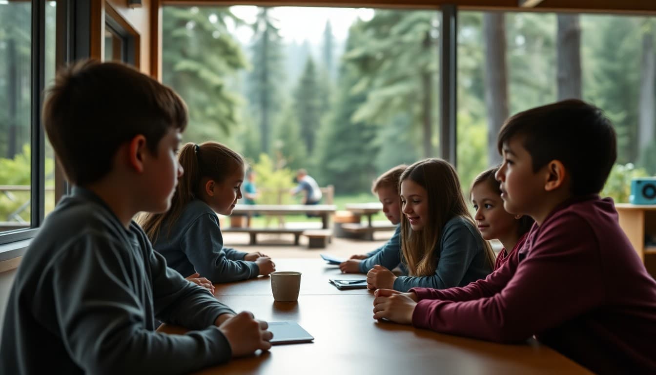 Oregon charter school with Pacific Northwest forest backdrop and students in outdoor learning area