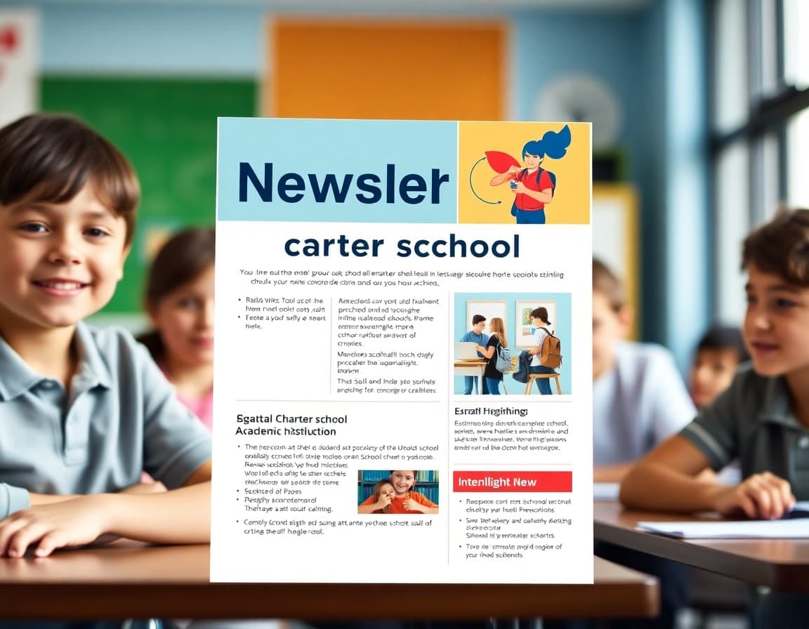 Charter school newsletter template showing enrollment deadline and school academic highlights