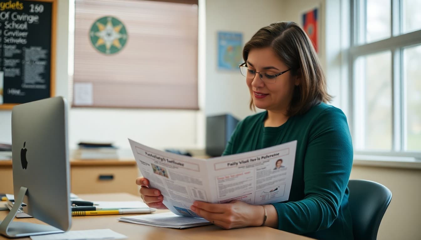 Pennsylvania charter school administrator reviewing a family newsletter at a school office desk