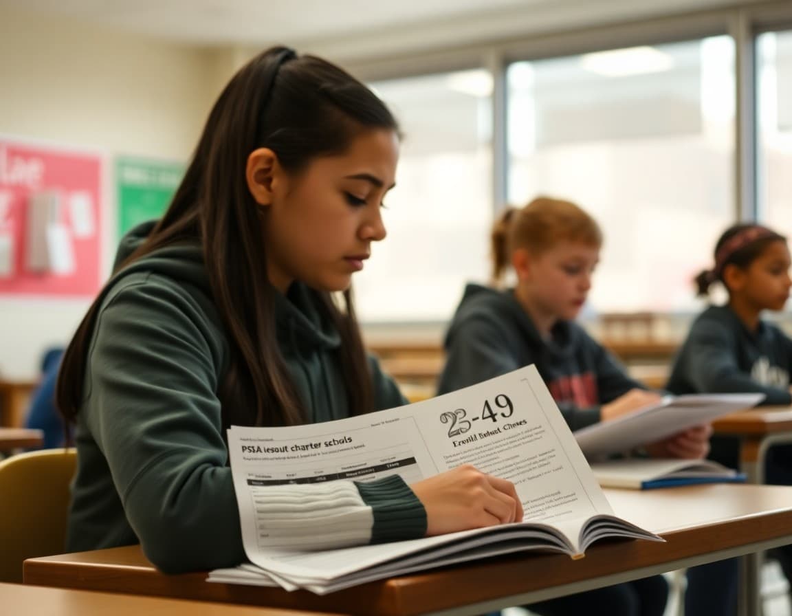 Pennsylvania charter school newsletter with PSSA results section and enrollment information highlighted