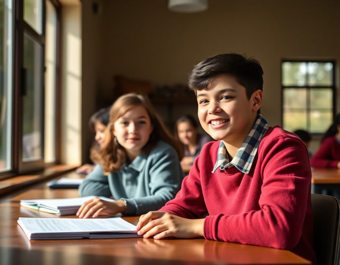 Private school annual report document with academic outcomes and alumni accomplishment photos