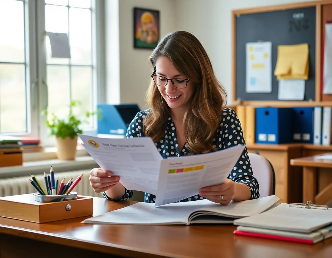Teacher preparing private school back to school newsletter materials at a well-appointed desk
