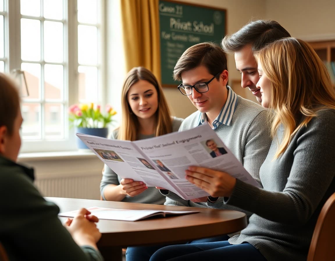 Parents reviewing private school engagement newsletter at a well-appointed school common room