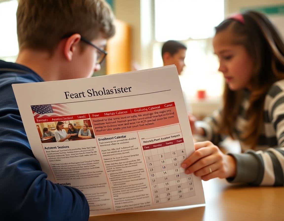 Rhode Island charter school newsletter with academic section and enrollment calendar highlighted