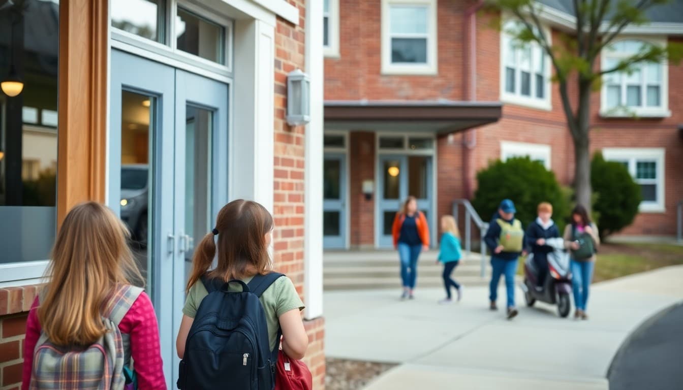 Rhode Island charter school exterior with New England architecture and students arriving for class