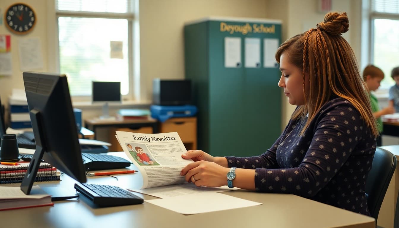 South Carolina charter school administrator reviewing a family newsletter at a school office desk