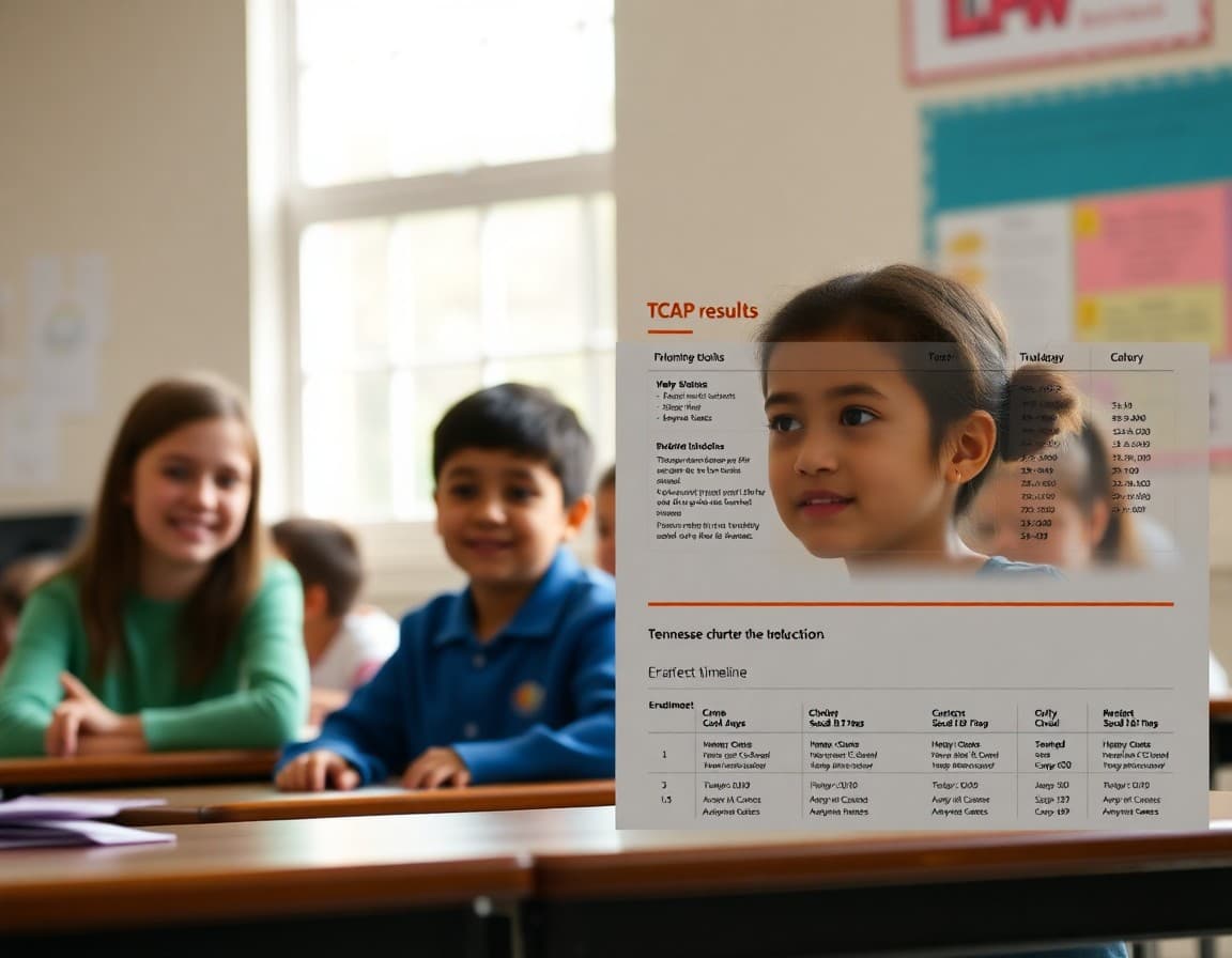 Tennessee charter school newsletter with TCAP results section and enrollment timeline highlighted