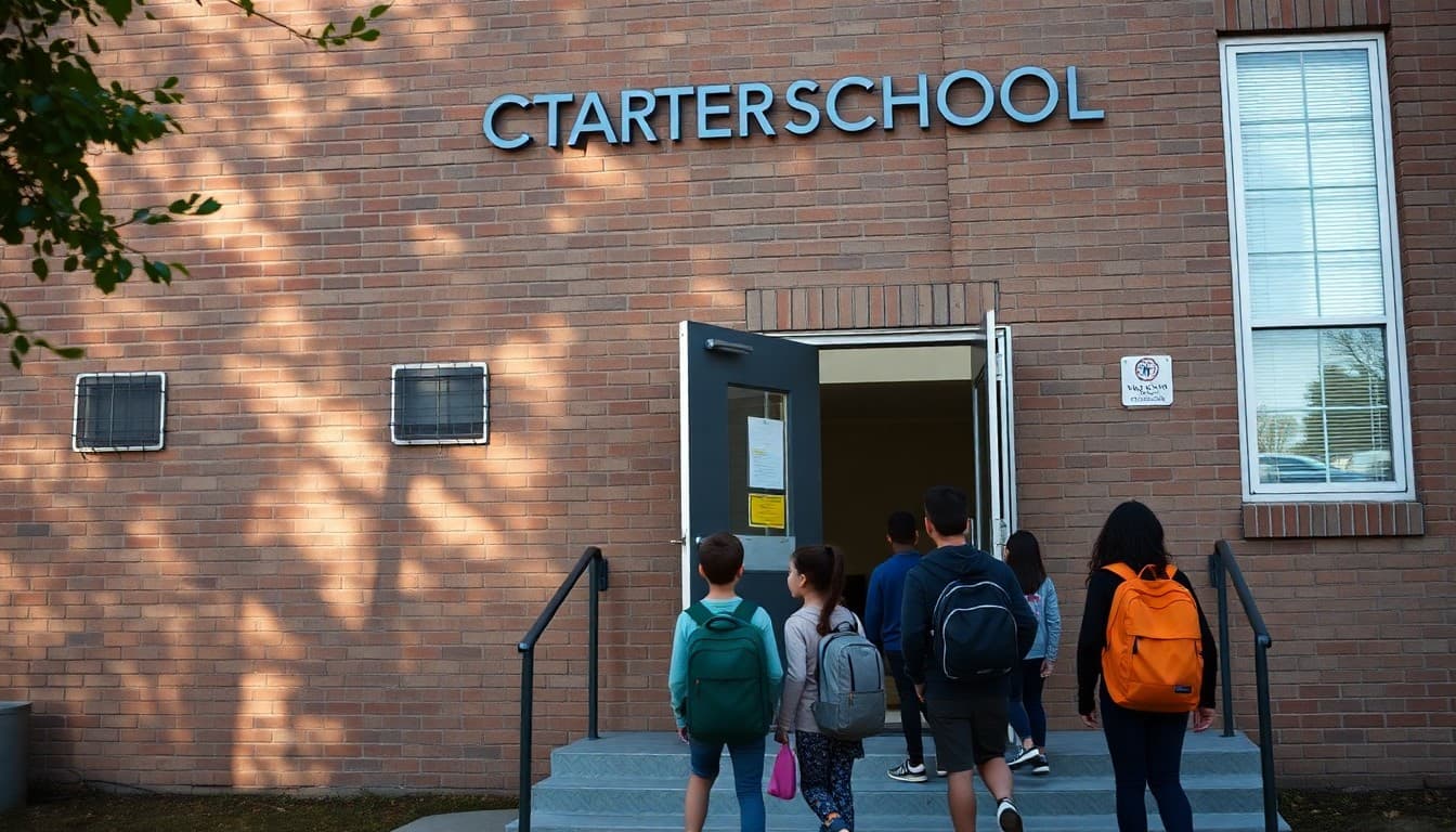 Tennessee charter school building in Nashville neighborhood with students arriving at morning