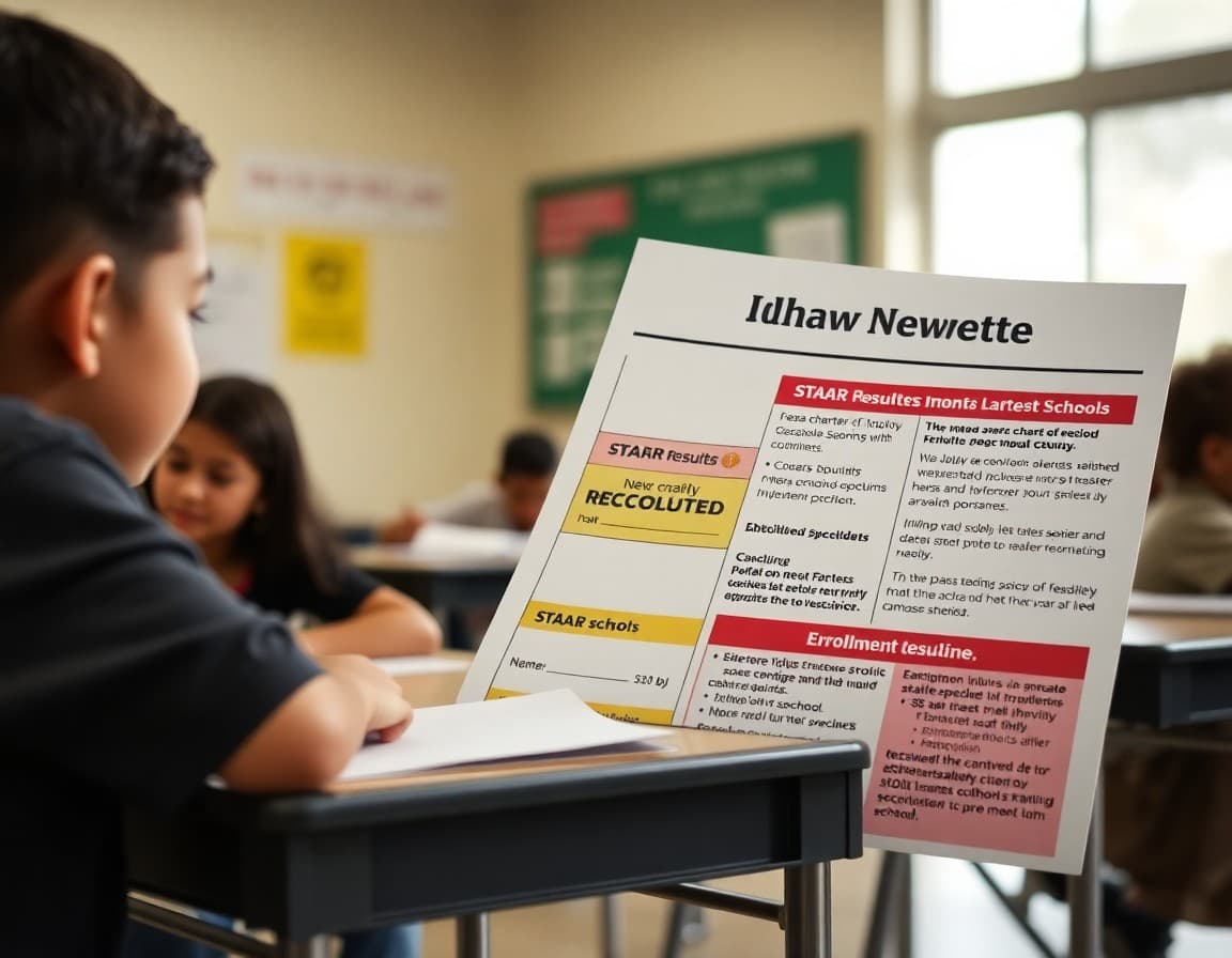 Texas charter school newsletter with STAAR results section and enrollment deadline highlighted