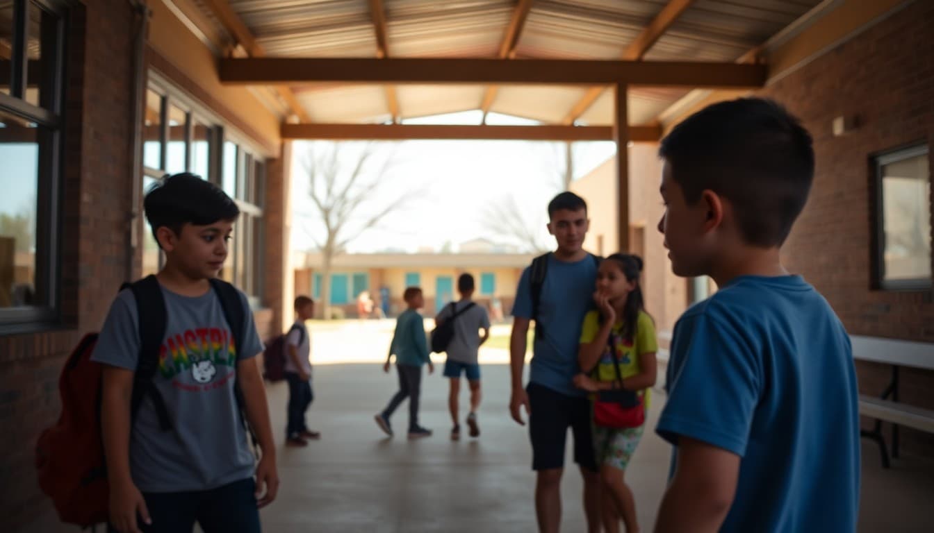 Texas charter school campus with students in outdoor area on warm sunny school morning