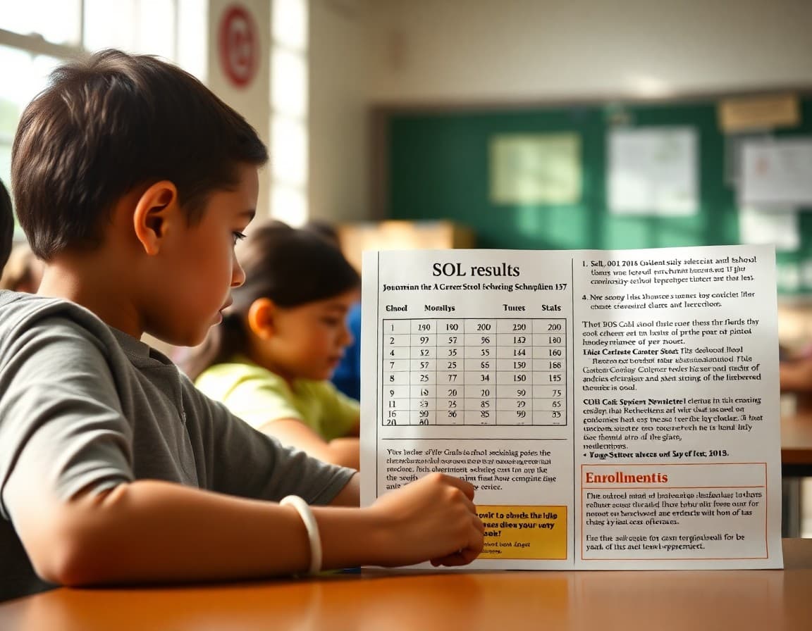 Virginia charter school newsletter with SOL results section and enrollment information highlighted