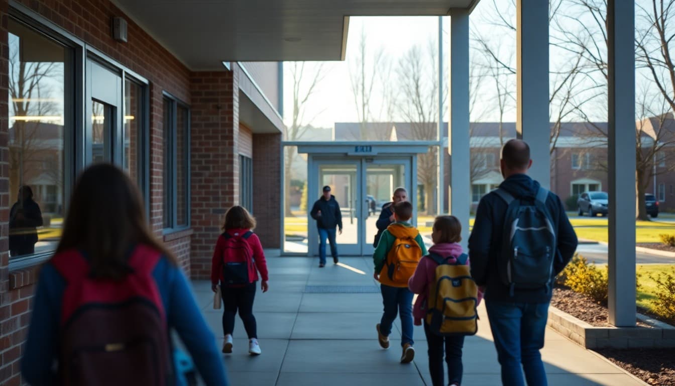 Virginia charter school building in Northern Virginia with students arriving on a clear school morning