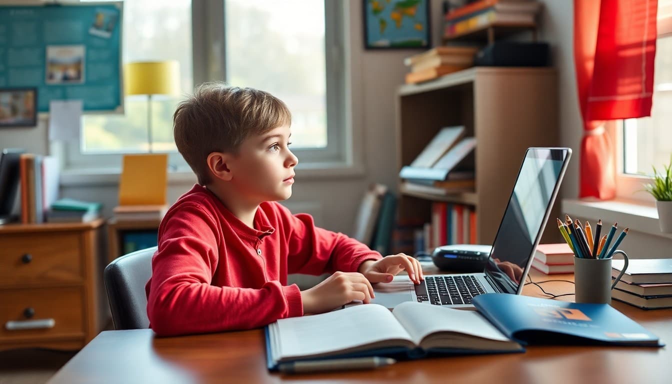 Virtual private school student attending an online class from a home desk with a laptop and books