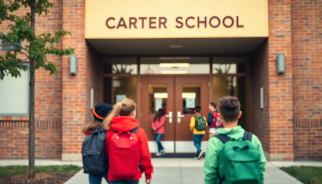 Wisconsin charter school building in Milwaukee neighborhood with students arriving at school entrance