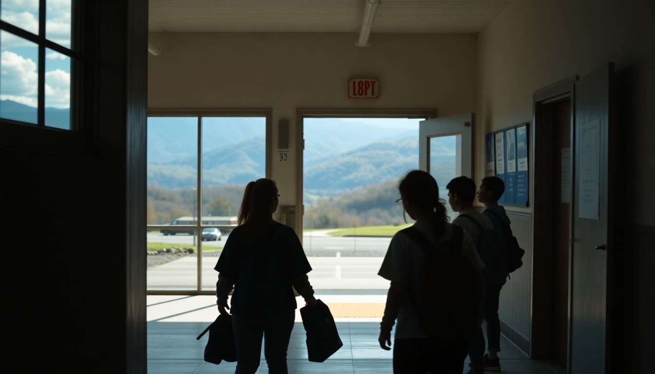 West Virginia charter school building with Appalachian mountain views and students arriving for class