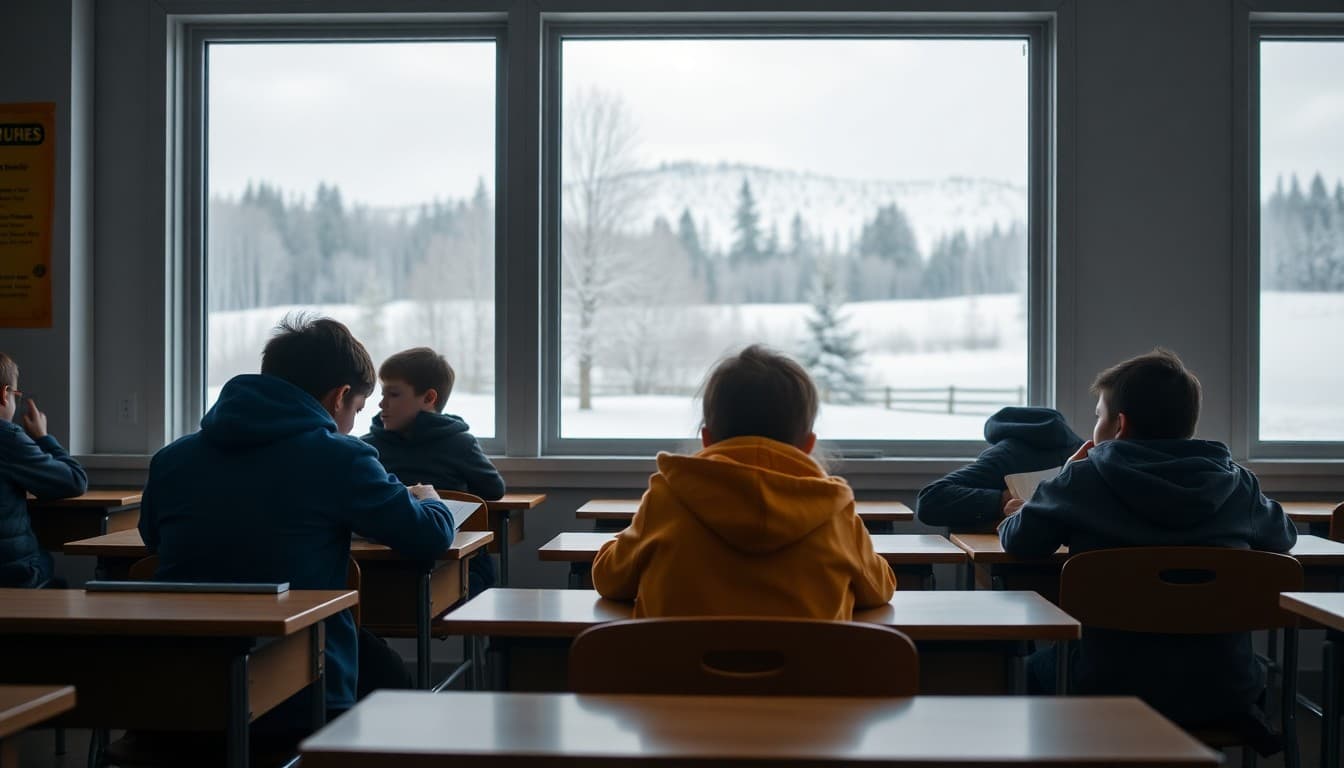 Alaska classroom students reading at their desks with a snowy landscape visible through the window
