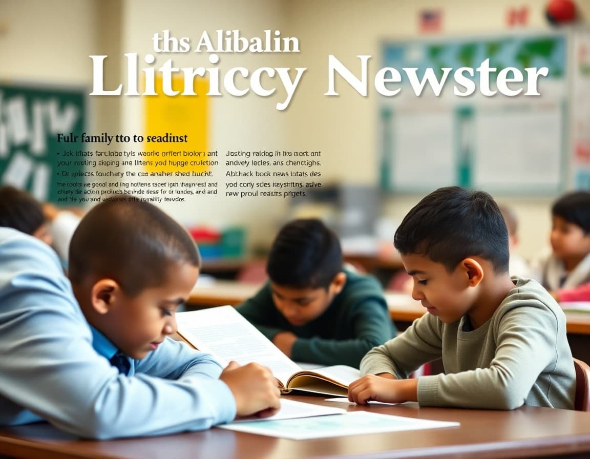 Alabama literacy newsletter template with reading progress section and family resources