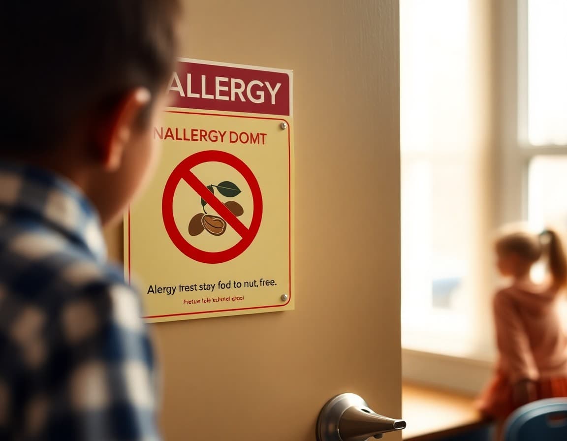 Allergy alert sign posted on a classroom door with a nut-free symbol