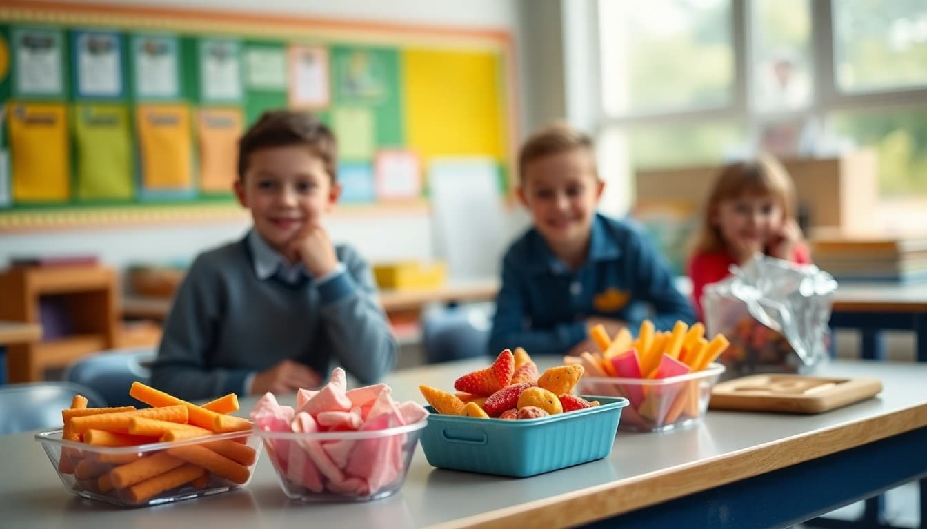 Colorful allergy-free snack options displayed on a classroom table