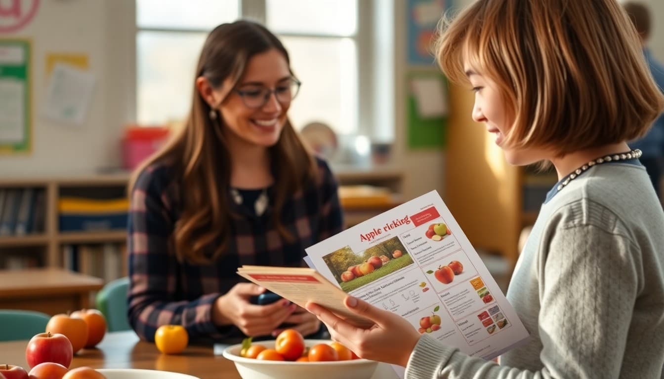 Teacher sharing apple picking themed fall newsletter with classroom learning activities