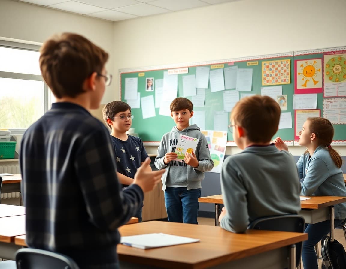 Students presenting a spring project to classmates in an April classroom setting