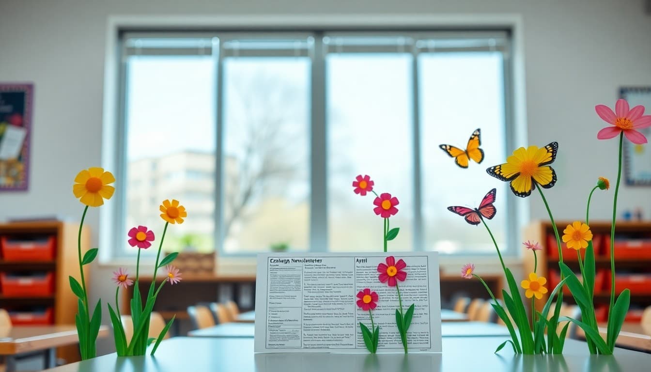 April classroom newsletter with spring flower and butterfly decorations on bright background