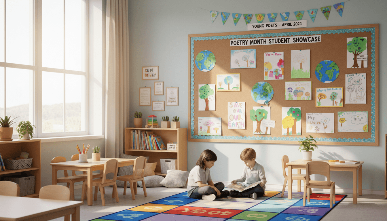 Kindergarten classroom with Earth Day art projects displayed on the walls and a Poetry Month student writing showcase on the bulletin board