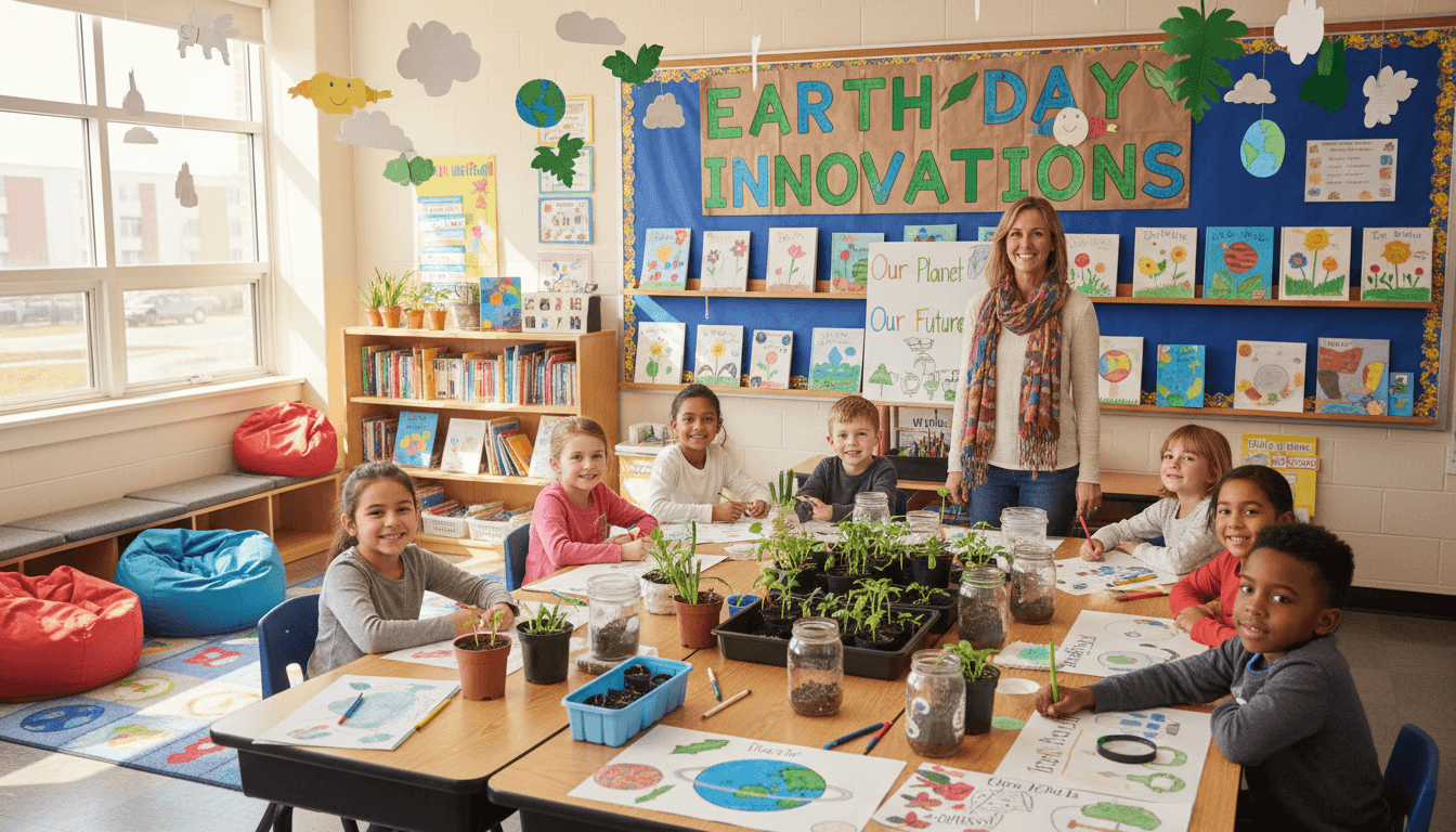 Second grade classroom in April with student poetry books on display and Earth Day science project materials