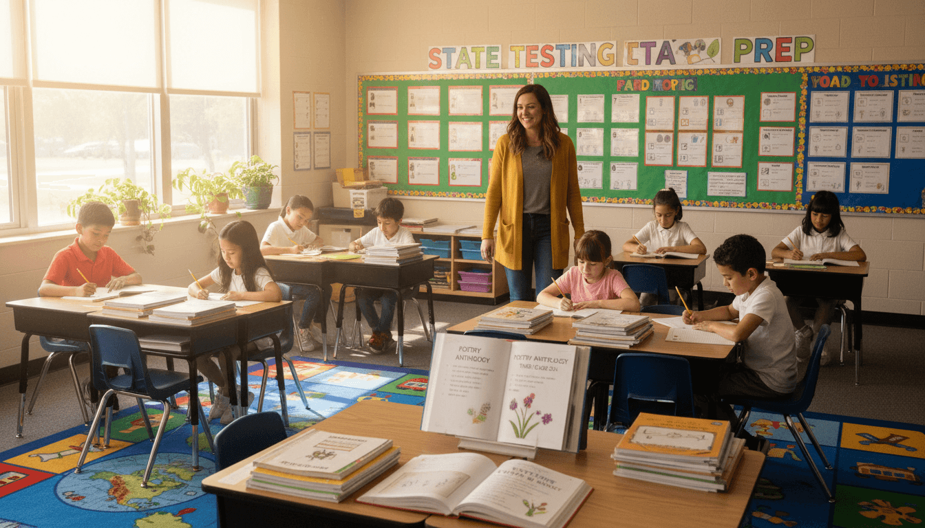 Third grade classroom in April with state testing preparation materials and student poetry anthology on display