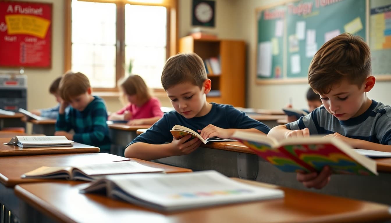 Arkansas elementary students reading independently at their desks in a cozy classroom
