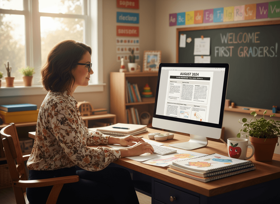 First grade teacher reviewing August newsletter draft on computer screen